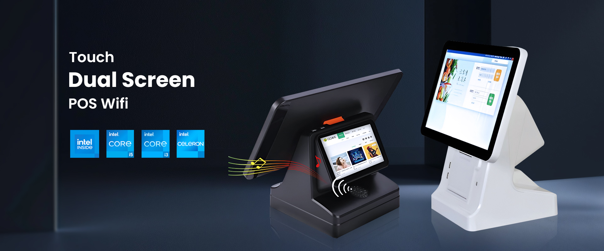 Touch dual screen POS with WiFi, powered by Intel Core i5, i3, and Celeron processors for versatile and efficient point-of-sale solutions.